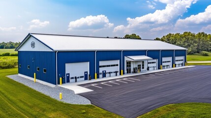 Obraz premium Exterior of a sleek, modern warehouse in blue and white, featuring multiple roll-up loading bays and a large paved lot