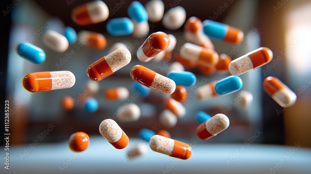 Poster a vibrant array of floating capsules featuring orange and blue colors, creating a dynamic and colorf