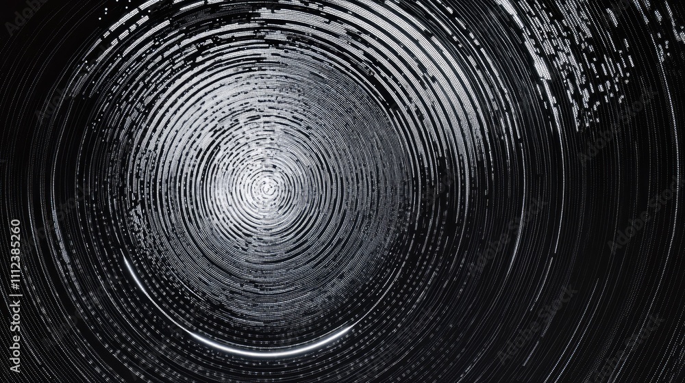 Poster a series of concentric circles made of small pixel dots, transitioning from black to white to create