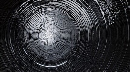 A series of concentric circles made of small pixel dots, transitioning from black to white to create a sense of movement and space