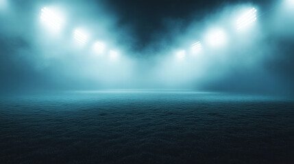 Fototapeta premium Misty Stadium Field Illuminated by Bright Floodlights at Night