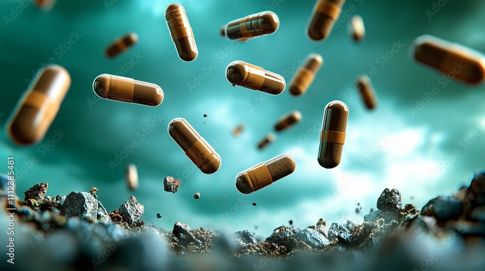 Poster golden capsules floating above a rocky surface, creating a surreal and dynamic composition against a