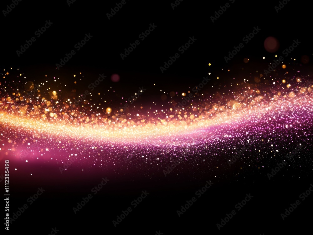 Poster A vibrant purple light burst spreads across a black background with golden sparkles creating a dynamic and abstract effect, leaving space for text on the left