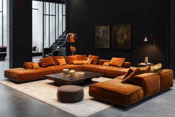 Modern Living Room with Black Wall, Brown Sofa and Coffee Table. Minimalist Style Enhanced by Natural Lighting on Grey Concrete Floor
