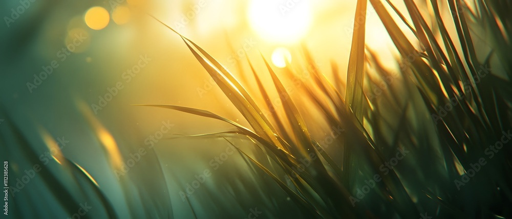 Aufkleber Close-up View of Lush Green Grass Illuminated by Soft Sunrise Light with Beautiful Bokeh Effect Creating a Serene and Tranquil Nature Scene