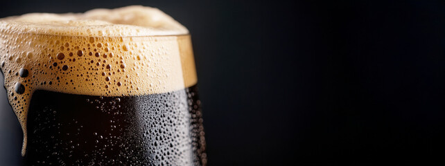 Close-Up of a Dark Beer Glass with Rich Foam and Droplets on a Black Background