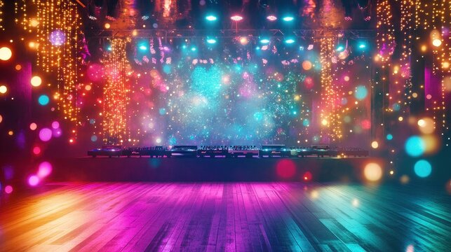 Colorful Dance Floor with Lights and Bokeh Effects in Nightclub Setting for Party Atmosphere, Vibrant Background with DJ Booth, Glittering Decor and Reflective Surface