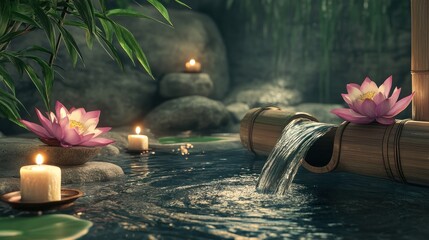 Peaceful garden scene with bamboo and lotus bloom.