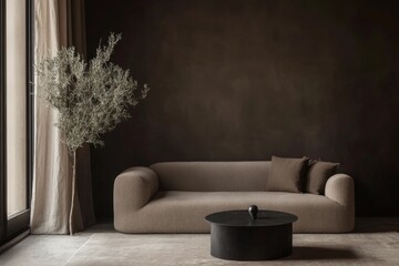Elegant Modern Living Room with Comfortable Sofa, Sleek Black Coffee Table, and Olive Tree. Soft Lighting Enhances Minimalist Decor