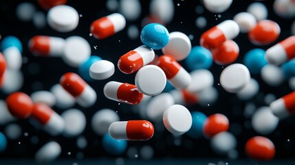 A dynamic scene of colorful capsules and pills in motion, showcasing vibrant reds, whites, and blues against a dark background.
