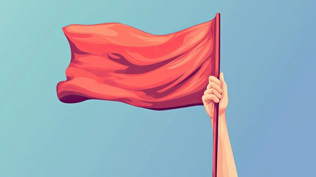 A hand holds a red flag waving in the sky