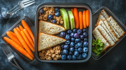 Nutritious Lunchbox with Sandwich Triangles, Baby Carrots, Blueberries, and Granola Clusters for Healthy Eating on the Go
