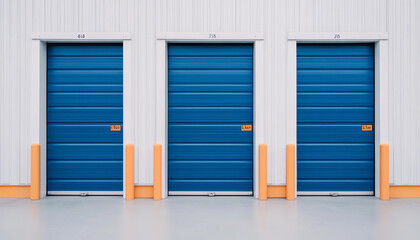 Storage unit doors blue industrial warehouse exterior metal facility storage closed modern three orange lines pattern symmetry urban architecture design security entrance commercial rental