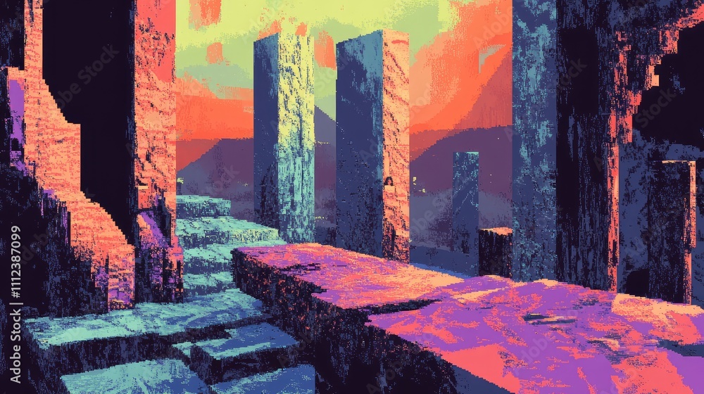 Aufkleber a shattered pixel block design, where each block is slightly misaligned, creating a digital, glitch-