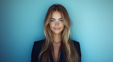 Fototapeta premium Confident business woman with long hair posing against a soft blue backdrop in a professional setting