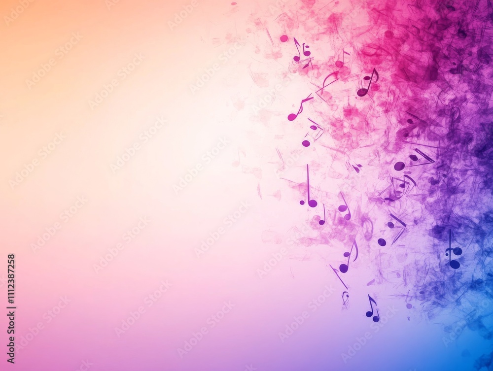 Fototapete A vibrant display of floating music notes and symbols layered over a glowing gradient background, providing an engaging visual for musical themes and events