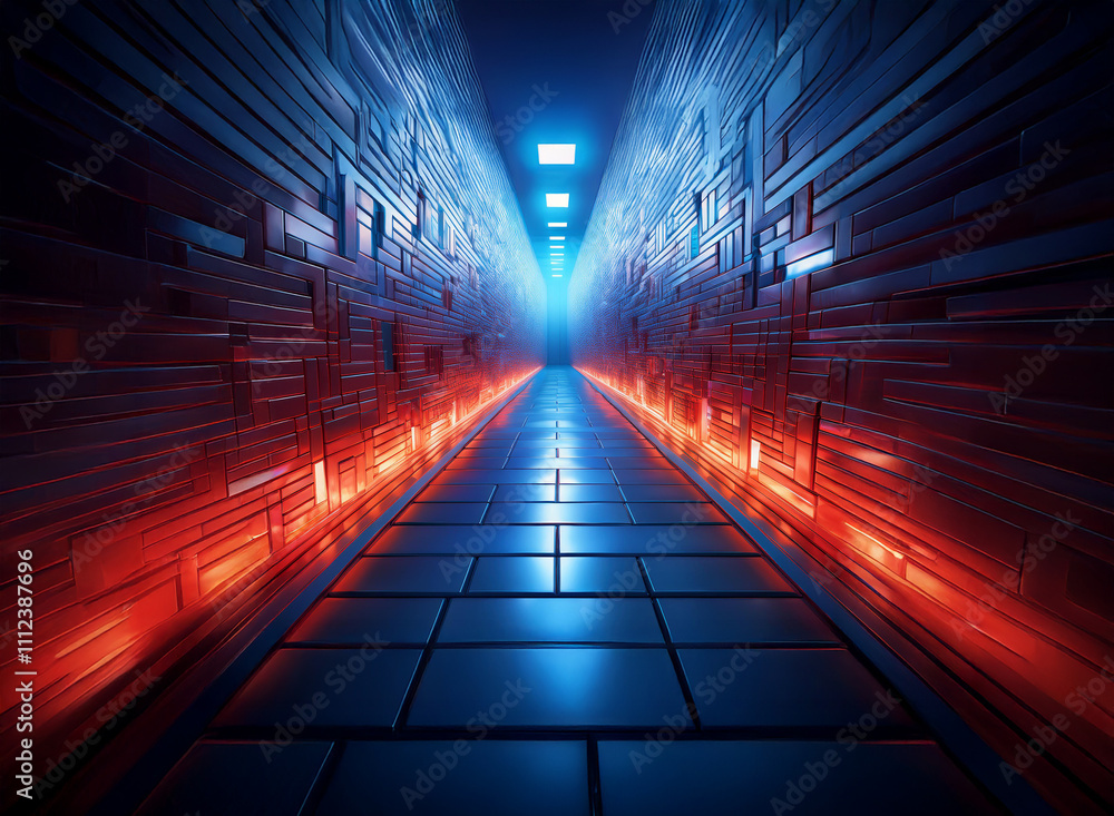 Poster a futuristic corridor glows with vibrant red and blue neon lights. the metallic walls and floor refl