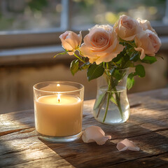 Candle beside a Vase of Soft Pink Roses - Candle Mockup - Generative AI