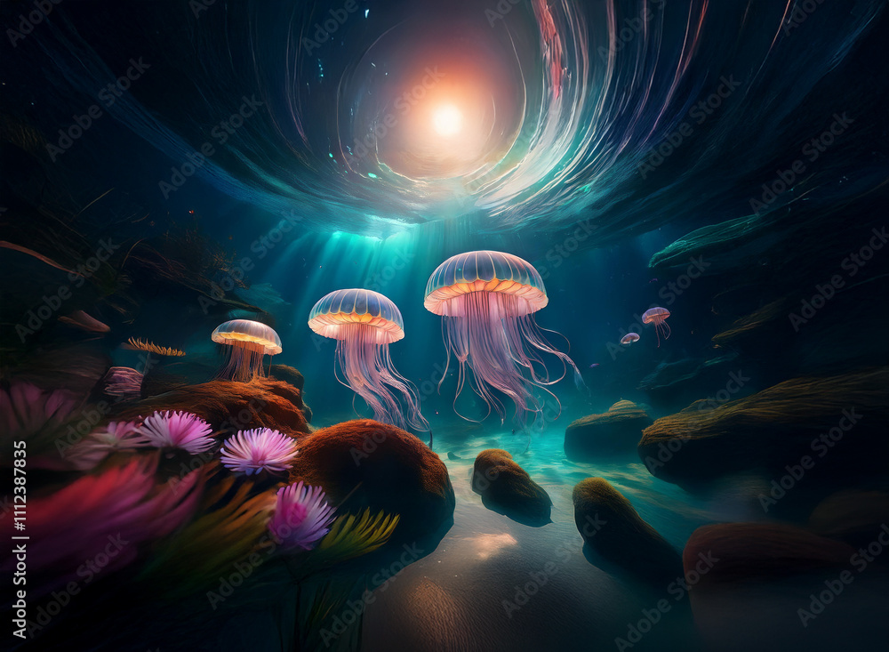 Poster luminous jellyfish drift in a vibrant underwater scene, bathed in ethereal sunlight filtering throug