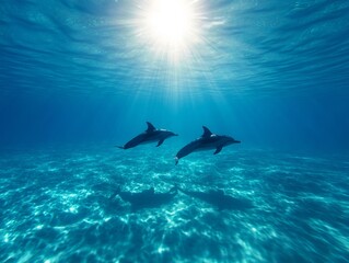 Three dolphins glide effortlessly in crystal-clear waters, illuminated by sunlight filtering through gentle waves, creating a serene underwater atmosphere