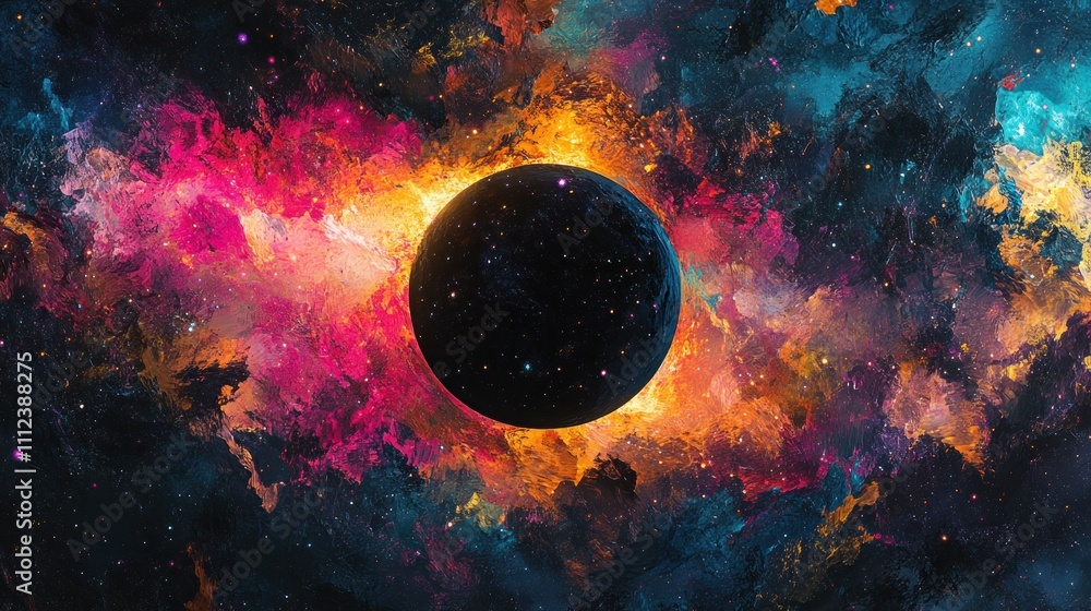Wall mural a black planet surrounded by a nebula in a cosmic landscape with colorful gas clouds.