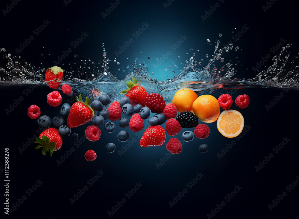 Poster fresh berries and apricots splash into dark water, creating vibrant, dynamic underwater scene. the f
