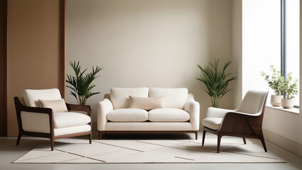Fototapeta premium Minimalist, japandi style interior design of modern living room. Boucle sofa and accent armchair against a beige wall with frame.