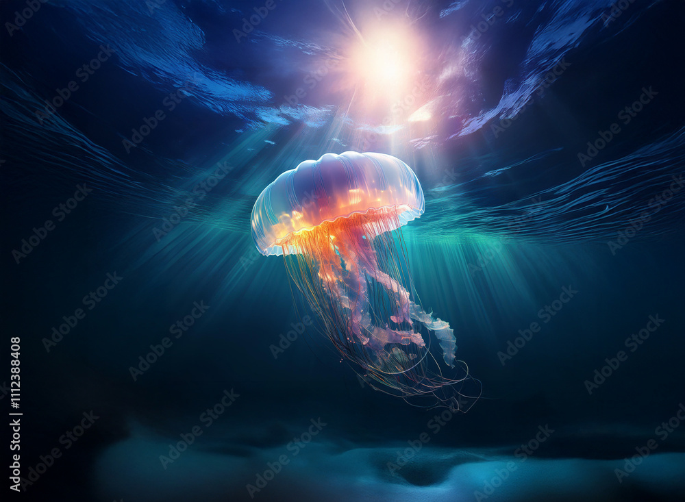 Poster A luminous jellyfish floats gracefully in a dark, underwater scene, backlit by a radiant sun.  Sunbeams pierce the water, illuminating the creature's translucent bell and trailing tentacles.