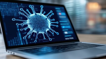 A digital representation of a virus on a laptop screen, illustrating computer threats and cybersecurity issues.