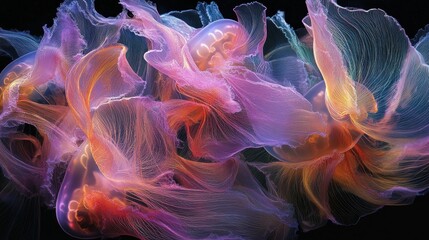 Obraz premium Abstract colorful glowing wispy shapes on a black background.