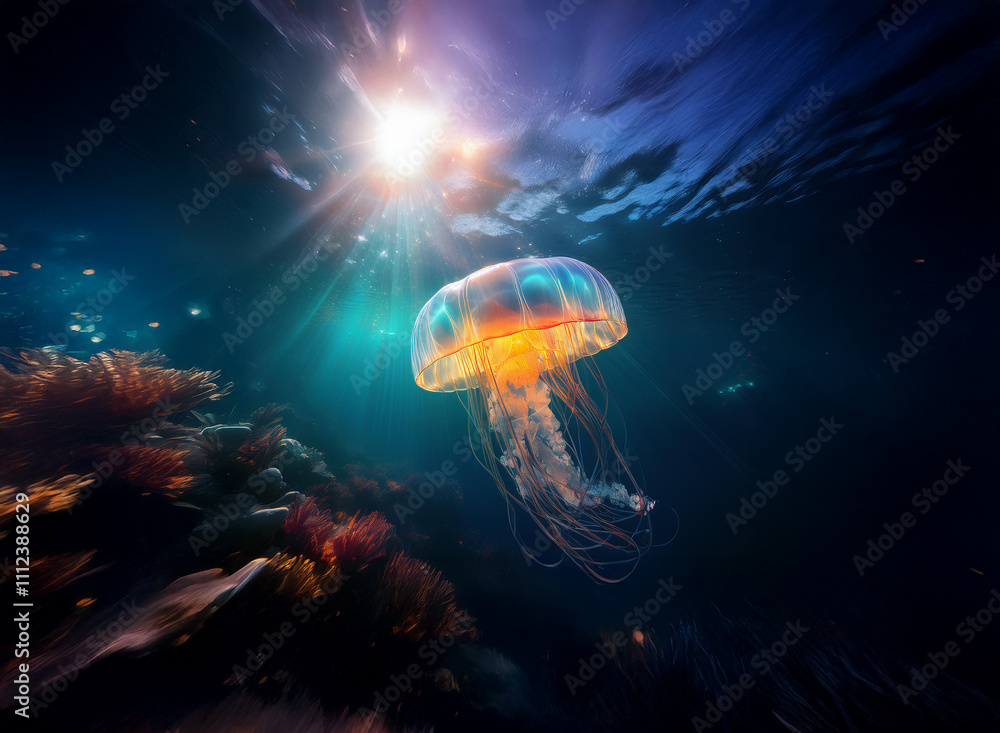 Poster A bioluminescent jellyfish gracefully floats in the deep ocean, sunlight filtering from above, illuminating vibrant coral reefs below.