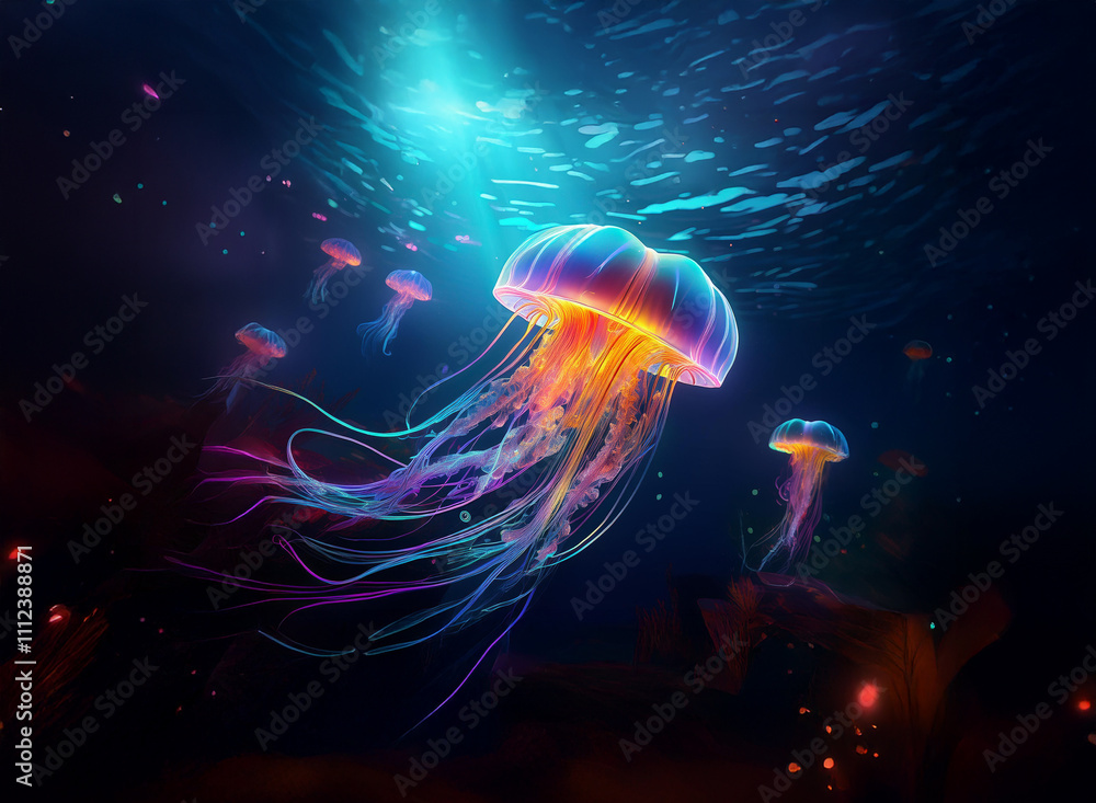 Poster mesmerizing bioluminescent jellyfish gracefully drift in a deep ocean scene, illuminated by an ether