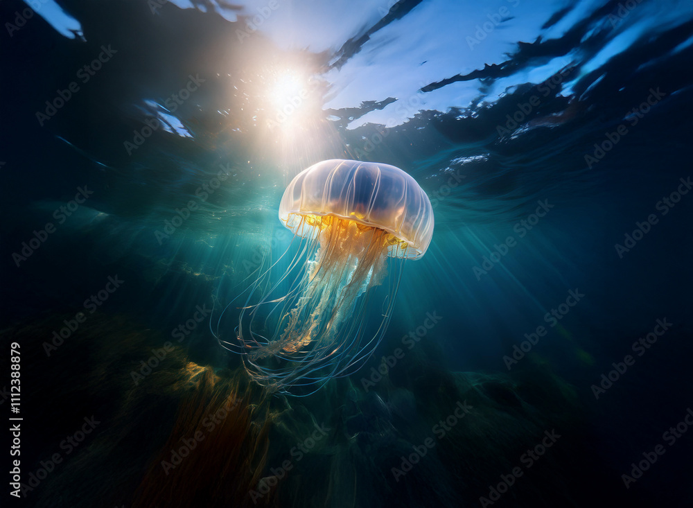 Poster Sunlit underwater scene featuring a large jellyfish with long tentacles, illuminated by a bright light source above.  The jellyfish is translucent with orange hues.