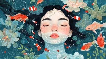 A young woman with closed eyes floats peacefully in a serene underwater scene, surrounded by vibrant flowers, goldfish, and swirling water.