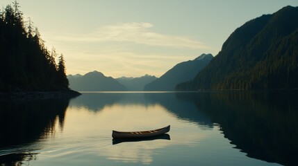 A single canoe drifts gently on a clear lake, surrounded by towering pine trees and majestic mountains, reflecting the stunning morning sky