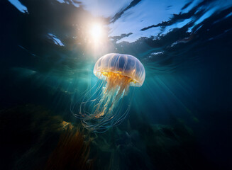 Sunlit underwater scene featuring a large jellyfish with long tentacles, illuminated by a bright light source above.  The jellyfish is translucent with orange hues.