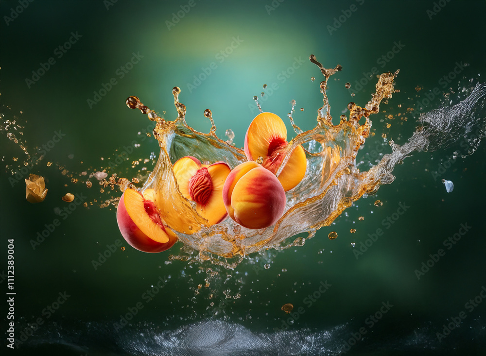 Poster Juicy peach halves suspended in a vibrant splash of liquid, creating a dynamic and refreshing image against a dark green backdrop.  The scene is full of motion and energy.
