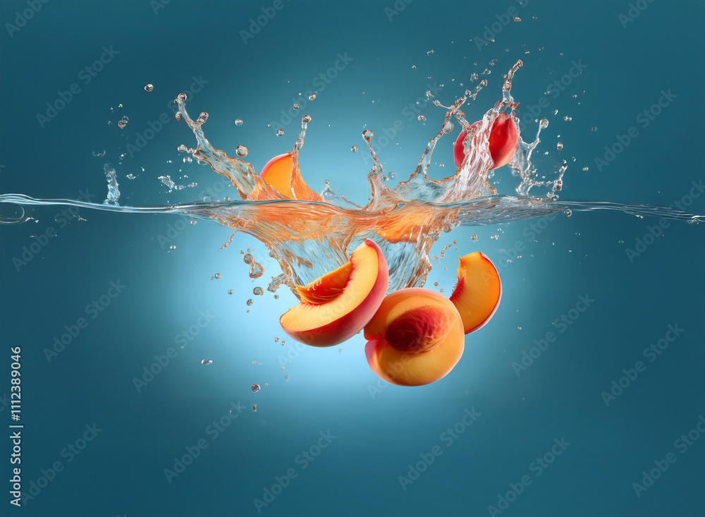 Poster Juicy peach slices splashing into clear water, creating a vibrant, refreshing scene.  The water droplets and fruit create a dynamic composition.