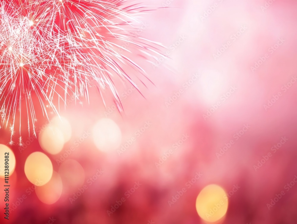 Poster red and white fireworks burst spectacularly against the night sky, highlighting a luminous skyline w