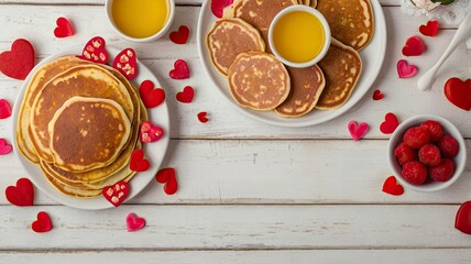 Valentines or Mothers Day brunch corner border. Top down view on a white wood banner background. Heart shaped pancakes, eggs and a variety of love themed food.