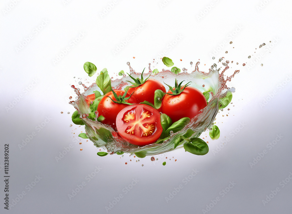 Poster A vibrant splash of water envelops ripe red tomatoes and fresh green basil leaves, creating a dynamic and appetizing image.