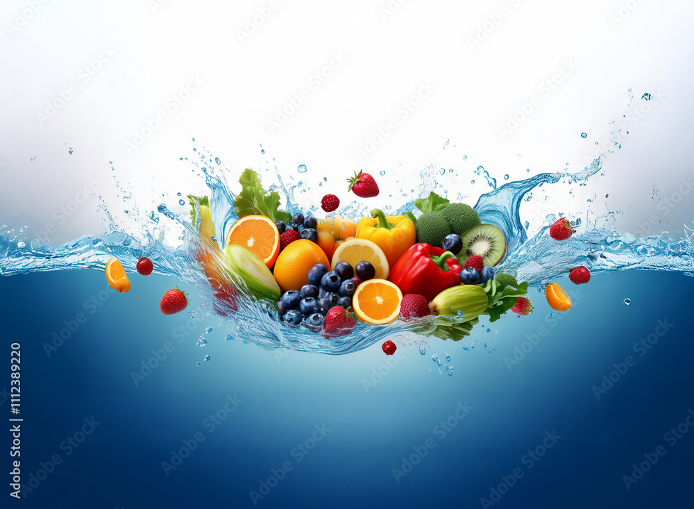 Poster vibrant fruits and vegetables splash into clear blue water, creating a refreshing and healthy scene.