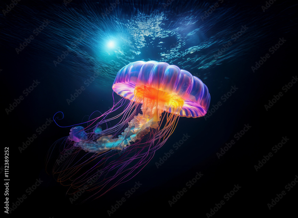 Poster A bioluminescent jellyfish floats in the deep ocean, its vibrant bell and trailing tentacles illuminated by an ethereal underwater light.