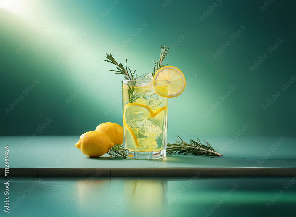 Aufkleber refreshing rosemary lemonade in a glass, garnished with lemon slices and ice. two whole lemons sit b
