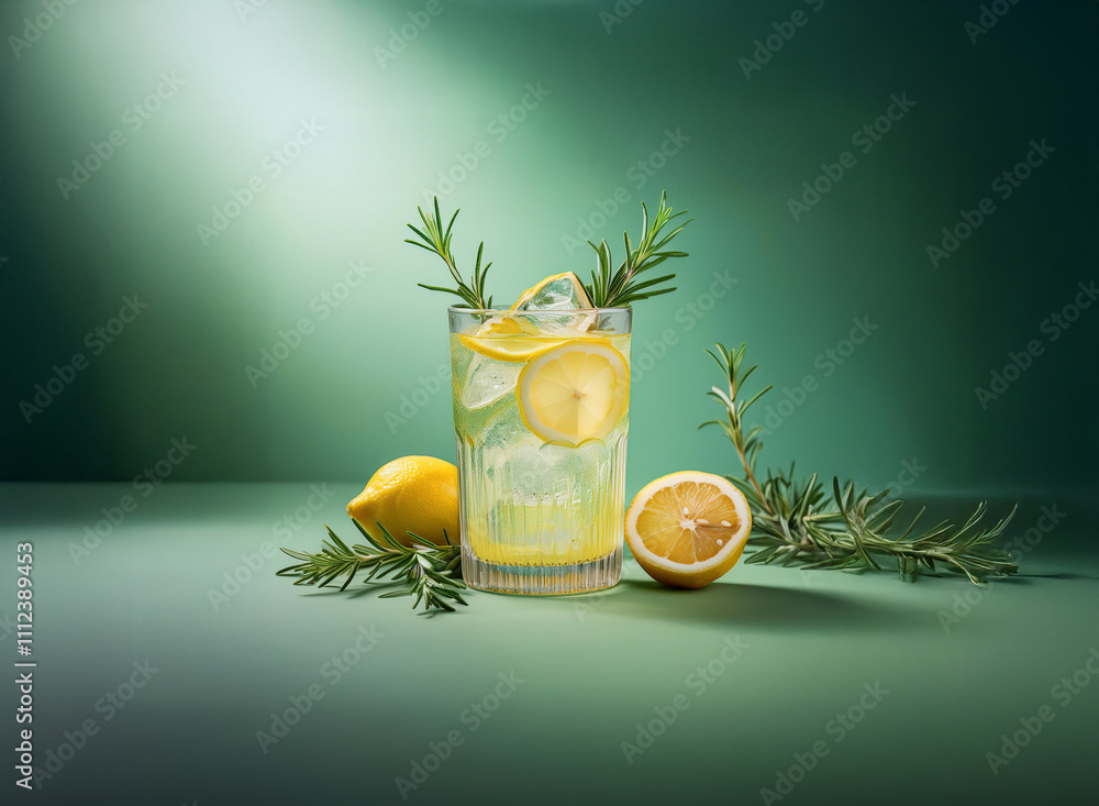 Poster refreshing lemonade with rosemary garnish in a ribbed glass, illuminated against a teal backdrop. ic