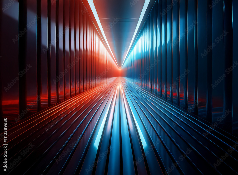 Poster a futuristic corridor with vibrant orange and blue neon lights reflecting on a metallic floor, creat