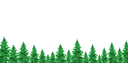 A dense line of tall, green evergreen trees stretches across the bottom, set against a clean, white background. This scene evokes tranquility and a sense of nature.
