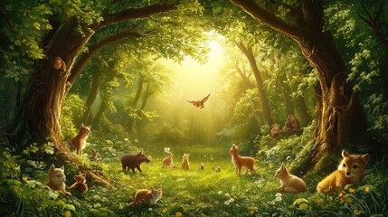 A magical forest clearing with a variety of animals gathered together in the sunlight.