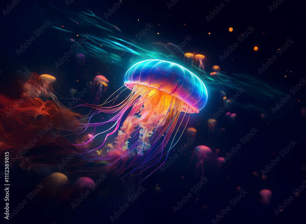 Poster a vibrant jellyfish, glowing with bioluminescent colors, drifts in a dark ocean. surrounding it are 