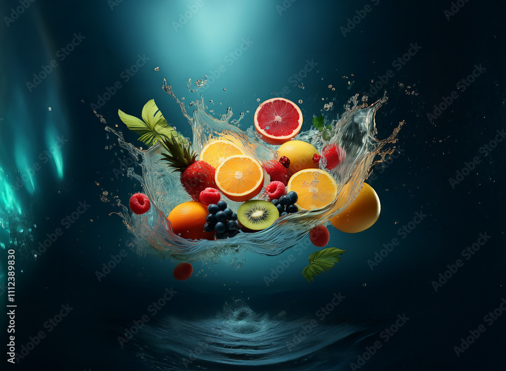 Poster a vibrant splash of water encapsulates a medley of fresh fruits, creating a dynamic and juicy compos